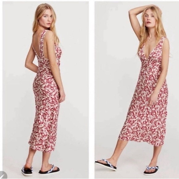 NWT Free People Red Cream Floral Deep Vneck Midi Dress size 2 - Picture 13 of 15